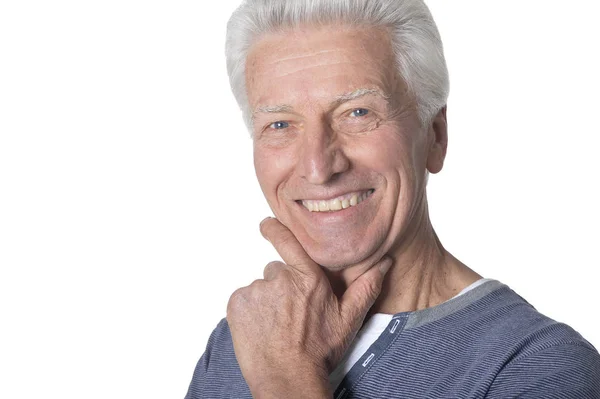 Portret Van Glimlachen Senior Man Geïsoleerd Witte Achtergrond — Stockfoto