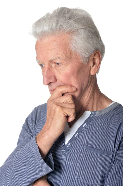 Retrato Hombre Mayor Triste Aislado Sobre Fondo Blanco — Foto de Stock