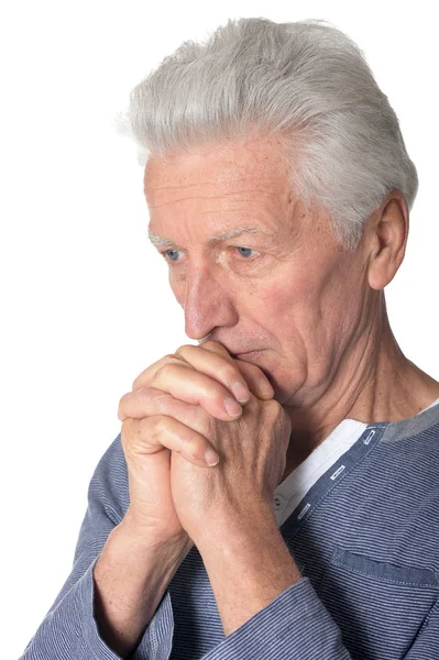 Retrato Hombre Mayor Triste Aislado Sobre Fondo Blanco — Foto de Stock