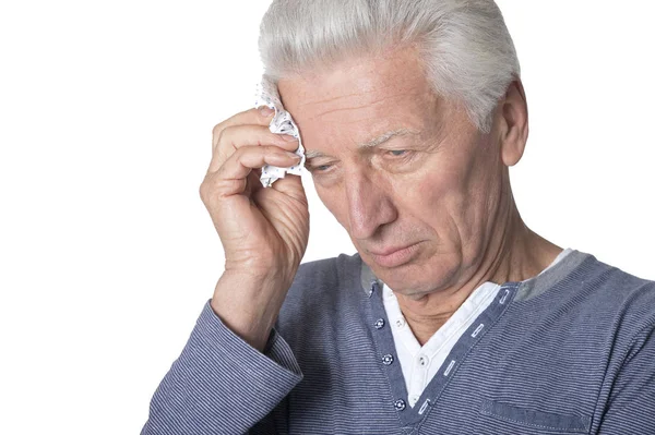 Portrait Sad Senior Man Isolated White Background — Stock Photo, Image