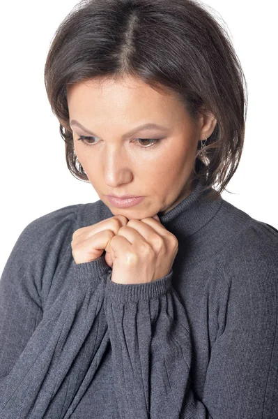 Triste Jeune Femme Posant Isolé Sur Fond Blanc — Photo