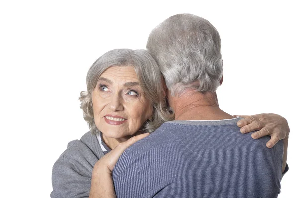 Portret Szczęśliwego Starszego Para Przytulanie Białym Tle — Zdjęcie stockowe