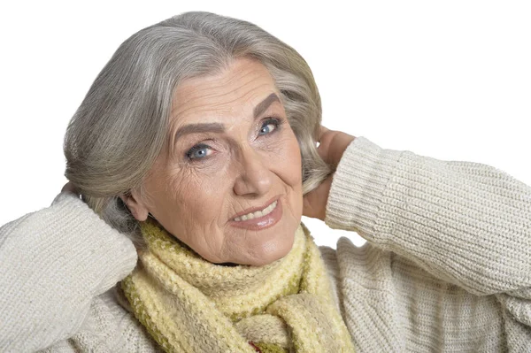 Porträt Einer Glücklichen Seniorin Die Vor Weißem Hintergrund Posiert — Stockfoto