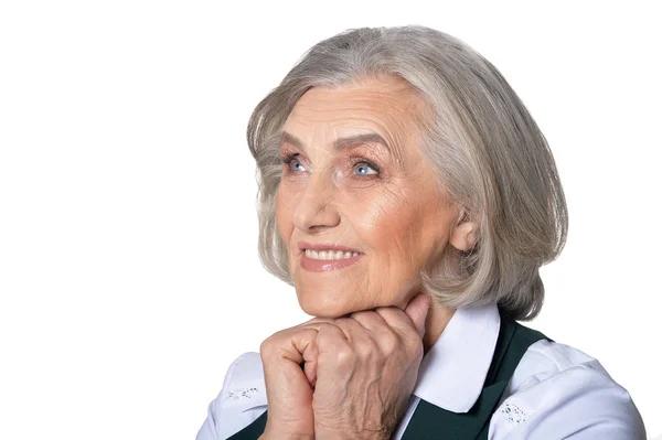 Portret Szczęśliwy Starszy Kobieta Stwarzające Białym Tle — Zdjęcie stockowe