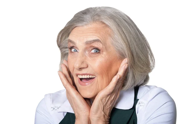 Porträt Einer Glücklichen Seniorin Die Vor Weißem Hintergrund Posiert — Stockfoto