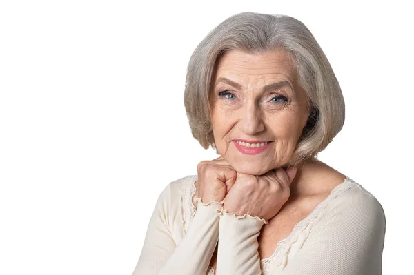 Beyaz Arka Plan Aleyhine Poz Mutlu Yaşlı Kadın Portresi — Stok fotoğraf