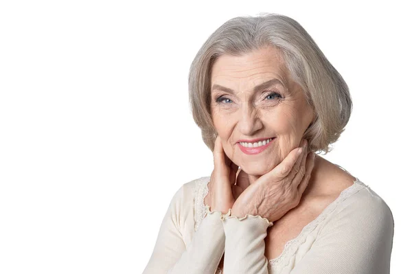 Portrait Happy Senior Woman Posing White Background — Stock Photo, Image