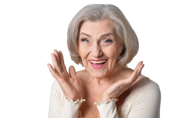 Portrait Happy Senior Woman Posing White Background — Stock Photo, Image