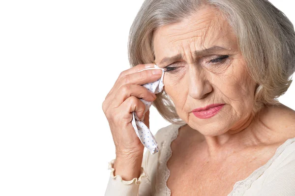 Ritratto Donna Anziana Triste Che Piange Sfondo Bianco — Foto Stock