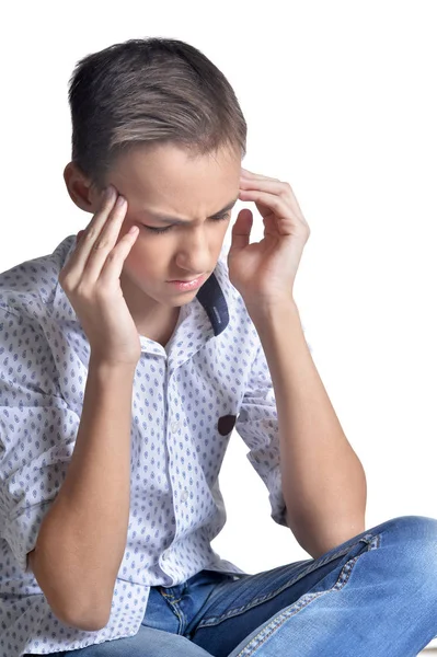 Estudio Retrato Adolescente Triste Con Dolor Cabeza Aislado Sobre Fondo —  Fotos de Stock