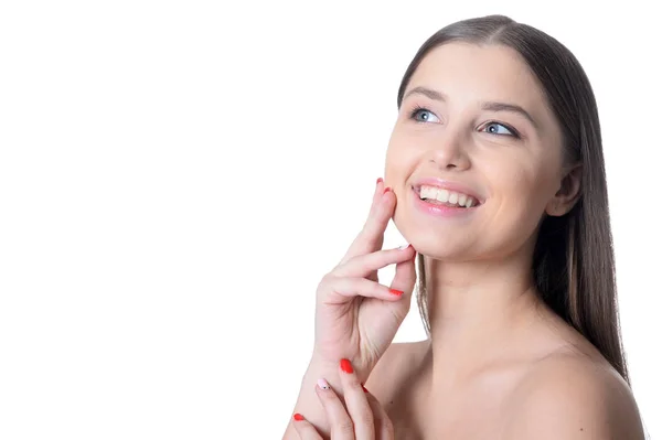 Portret Van Mooie Jonge Vrouw Met Perfecte Huid Poseren Geïsoleerd — Stockfoto