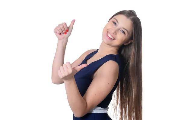 Portret Van Mooie Jonge Vrouw Met Lange Haren Tonen Duimen — Stockfoto