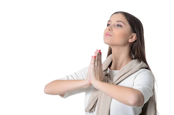 Portrait Beautiful Young Woman Praying Isolated White Background — Stock Photo, Image