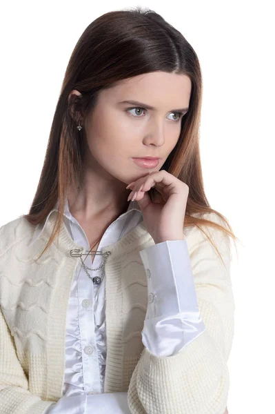 Retrato Mujer Joven Hermosa Confiada Posando Aislada Blanco — Foto de Stock