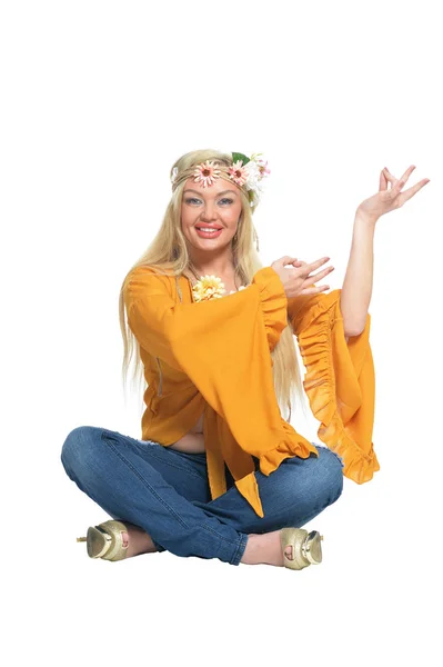 Portrait Beautiful Woman Yellow Blouse Floral Wreath Meditating Isolated White — Stock Photo, Image