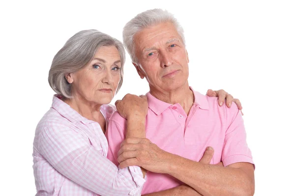 Retrato Feliz Pareja Ancianos Sobre Fondo Blanco — Foto de Stock