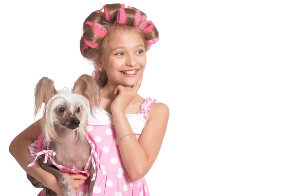 Retrato Niña Bonita Emocional Con Rizadores Pelo Posando Con Perro — Foto de Stock