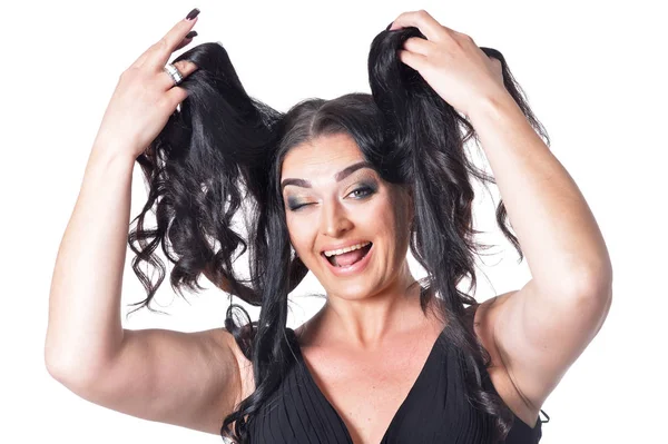 Retrato Mujer Hermosa Con Vestido Negro Aislado Blanco — Foto de Stock