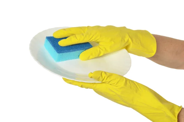Hands in  gloves washing dish — Stock Photo, Image