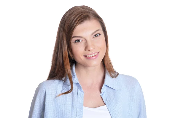 Retrato Hermosa Joven Sonriente Posando Aislada Sobre Blanco — Foto de Stock