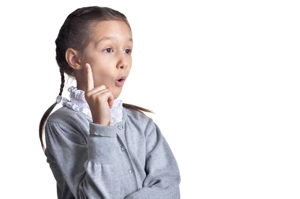 Porträt Des Niedlichen Kleinen Mädchens Das Mit Dem Finger Nach — Stockfoto