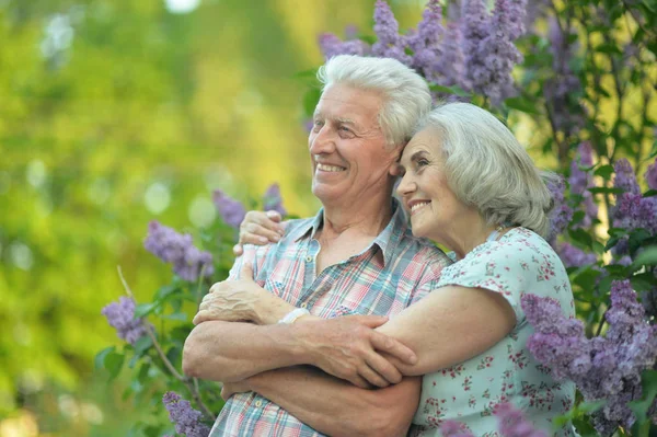 美丽的老年夫妇在公园丁香背景的肖像 — 图库照片