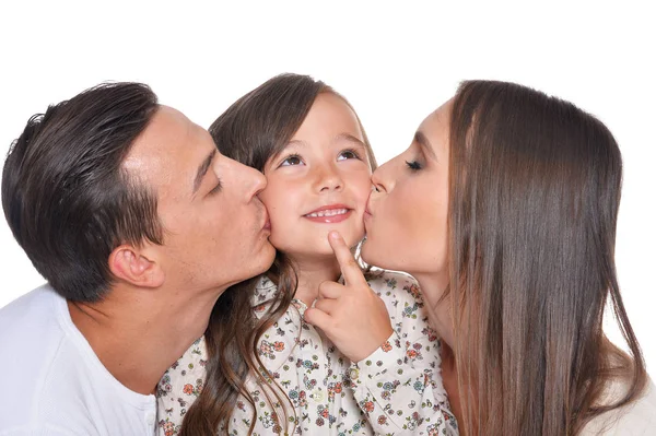 Glückliche dreiköpfige Familie auf weiß — Stockfoto