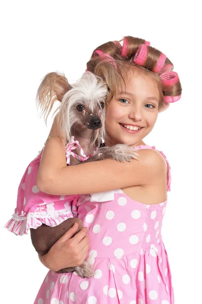 Retrato Niña Bonita Emocional Con Rizadores Pelo Posando Con Perro — Foto de Stock