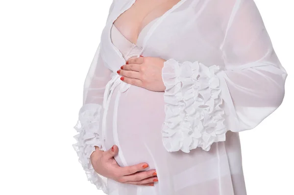 Femme Enceinte Posant Isolé Sur Fond Blanc — Photo