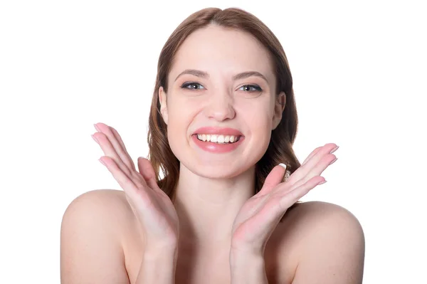 Portret Van Mooie Jonge Vrouw Poseren Geïsoleerd Witte Achtergrond — Stockfoto