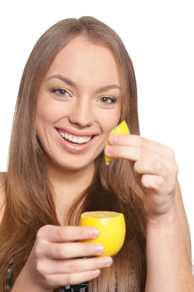 Portrait of a cute girl with red grapes — Stock Photo, Image