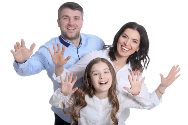 Familia Feliz Tres Sobre Fondo Blanco — Foto de Stock