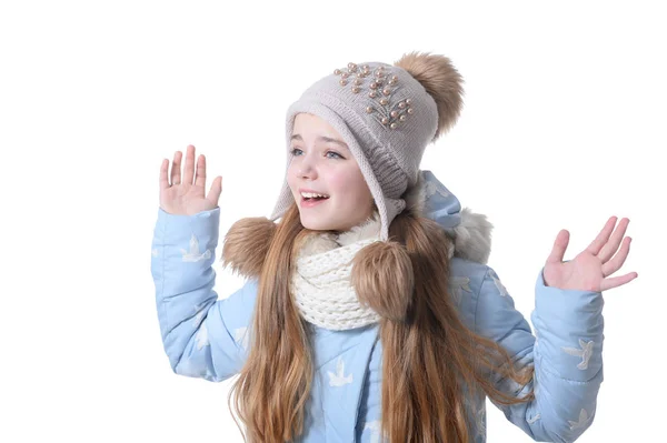 Happy Little Girl Warm Clothes Isolated White Background — Stock Photo, Image