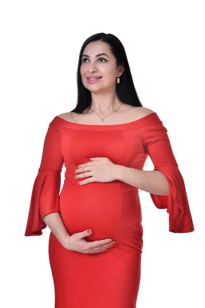 Mujer Embarazada Posando Aislada Sobre Fondo Blanco — Foto de Stock