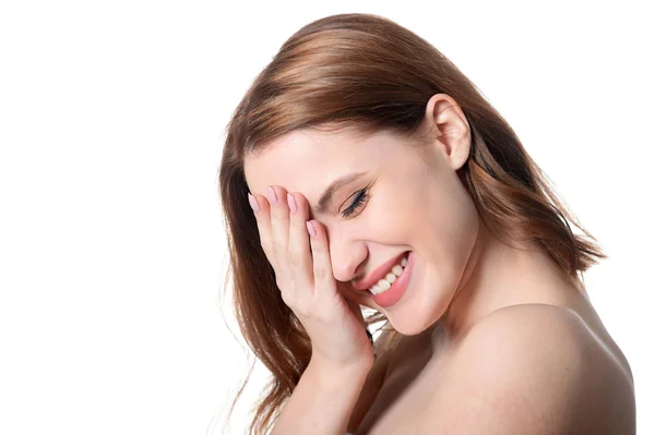 Retrato Una Hermosa Joven Posando Aislada Sobre Fondo Blanco — Foto de Stock