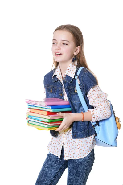 Happy Schoolgirl Posing Books Isolated White Background — Stock Photo, Image