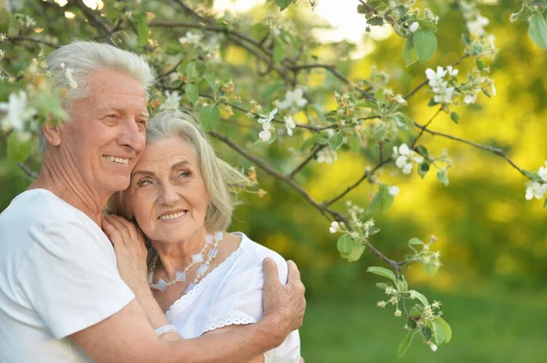 Portrait Beautiful Senior Couple Hugging Park — Stock Photo, Image