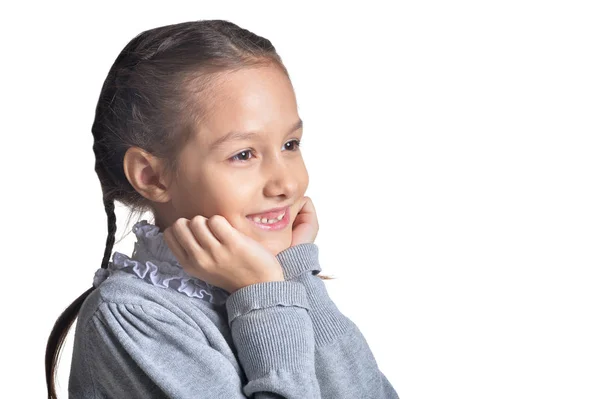 Портрет Милой Маленькой Девочки Позирующей Белом Фоне — стоковое фото