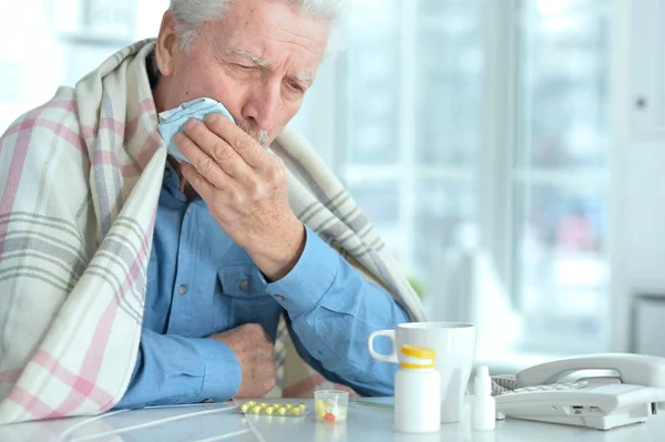 Portrait Sad Sick Senior Man Medicine — Stok Foto