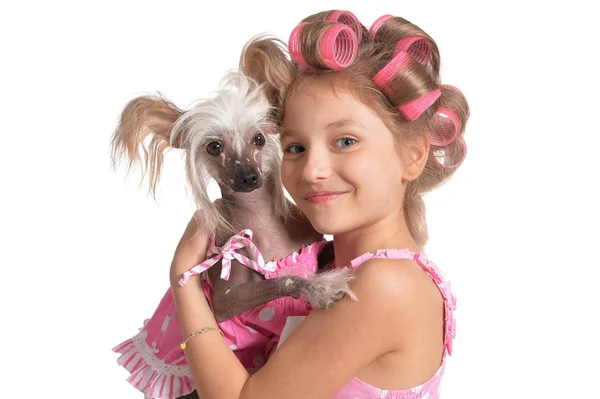 Retrato Niña Bonita Emocional Con Rizadores Pelo Posando Con Perro — Foto de Stock