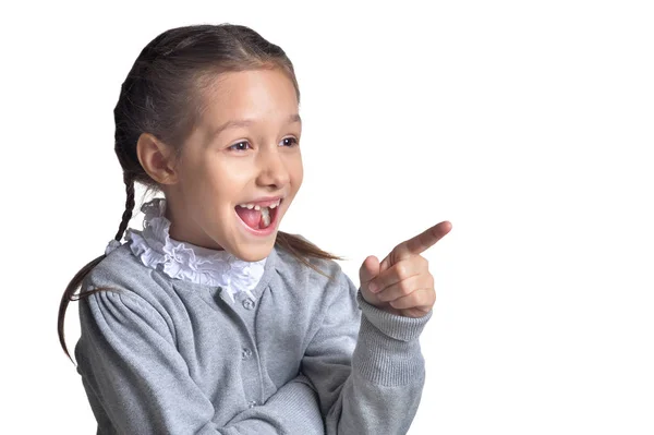 Porträt Des Niedlichen Kleinen Mädchens Zeigt Nach Rechts Isoliert Auf — Stockfoto