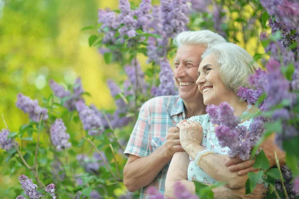 Potret Pasangan Senior Yang Cantik Dengan Latar Belakang Bunga Lilac — Stok Foto