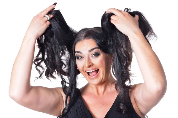 Retrato Mujer Hermosa Con Vestido Negro Aislado Blanco — Foto de Stock