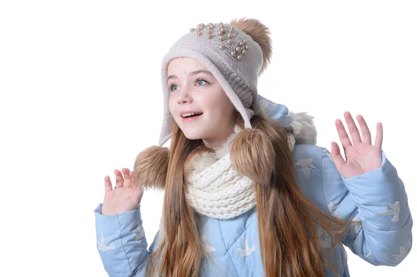 Glückliches Kleines Mädchen Warmer Kleidung Isoliert Auf Weißem Hintergrund — Stockfoto
