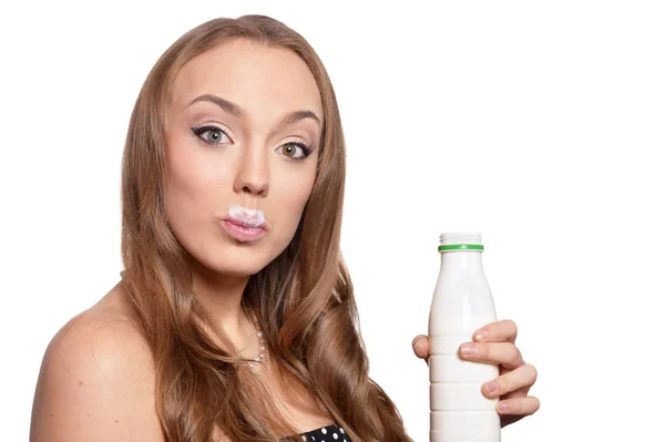 Porträt Einer Schönen Jungen Frau Mit Milch Isoliert Auf Weißem — Stockfoto