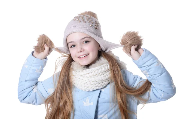 Ευτυχισμένος Μικρό Κορίτσι Ζεστά Ρούχα Που Απομονώνονται Λευκό Φόντο — Φωτογραφία Αρχείου
