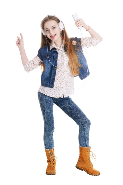 Joyeux Petite Fille Jeans Écouter Musique Avec Smartphone Isolé Sur — Photo