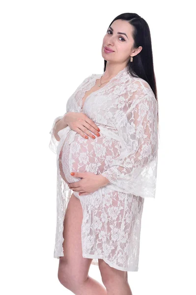 Femme Enceinte Posant Isolé Sur Fond Blanc — Photo