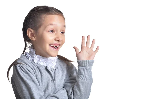 Портрет Удивлённой Милой Девочки Позирующей Белом Фоне — стоковое фото