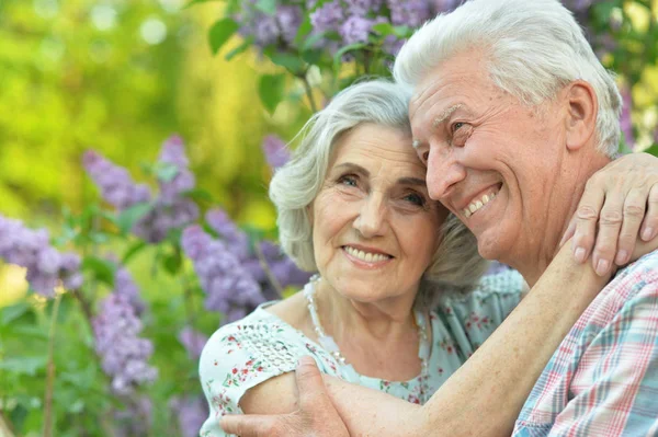 Portrait Beautiful Senior Couple Hugging Park — Stock Photo, Image